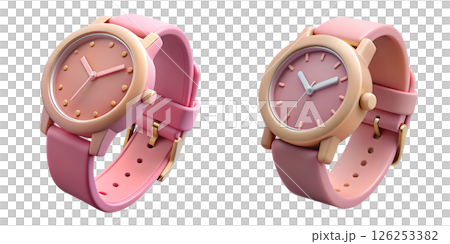 Pink wristwatch 3d illustration isolated on transparent background, feminine fashion accessory, trendy pastel watch 126253382