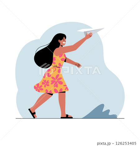 Woman throwing paper airplane in pink flower dress casual outdoor activity vector illustration 126253405