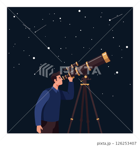 Man observing stars through telescope under night sky with constellations vector illustration Man observing stars through telescope under night sky with constellations vector illustration 126253407