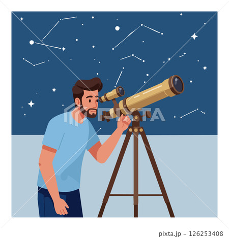 Man observing night sky stars using telescope astronomy hobby vector illustration 126253408