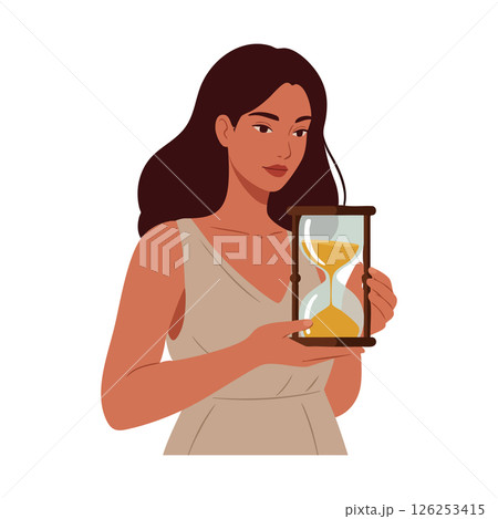 Woman holding hourglass measuring time patience and reflection vector illustration 126253415