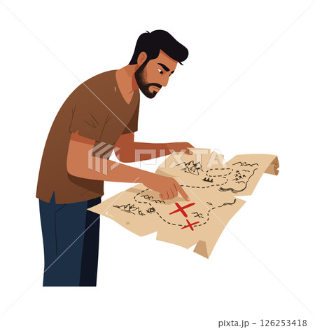 Man studying treasure map with red crosses and dotted path vector illustration 126253418