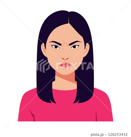 Angry woman with long black hair and pink shirt expressing frustration vector illustration 126253432