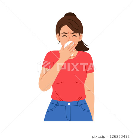 Woman sneezing with tissue in red shirt and blue jeans vector illustration Woman sneezing with tissue in red shirt and blue jeans vector illustration 126253452