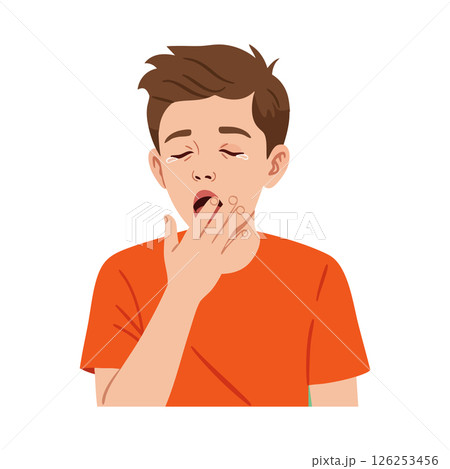 Boy yawning tired sleepy gesture in orange shirt vector illustration 126253456