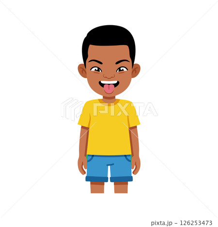 Boy in yellow t-shirt and blue shorts sticking out tongue playful vector illustration Boy in yellow t-shirt and blue shorts sticking out tongue playful vector illustration 126253473