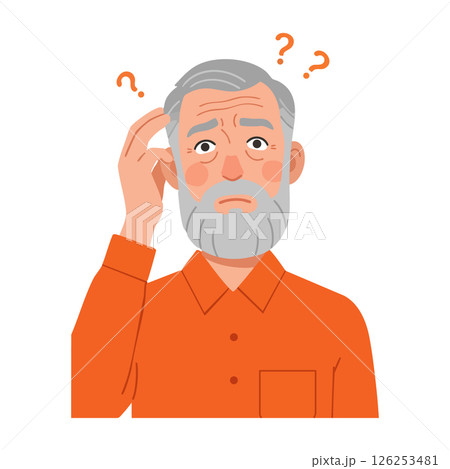 Elderly man confused expression scratching head with question marks vector illustration 126253481
