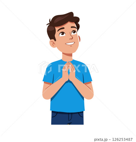 Young boy praying with hopeful expression in blue shirt vector illustration Young boy praying with hopeful expression in blue shirt vector illustration 126253487