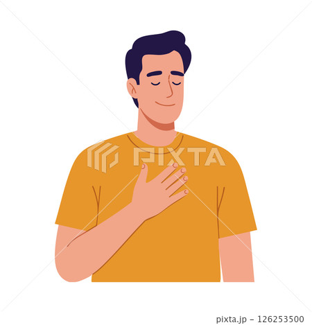 Man with hand on chest expressing gratitude or calmness in orange shirt vector illustration 126253500