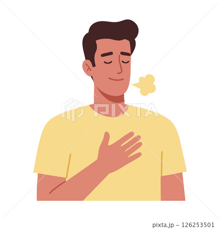 Man Taking Deep Breath Relaxing with Closed Eyes in Yellow Shirt Vector Illustration Man Taking Deep Breath Relaxing with Closed Eyes in Yellow Shirt Vector Illustration 126253501