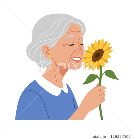 Elderly woman holding sunflower smiling peacefully in blue outfit vector illustration Elderly woman holding sunflower smiling peacefully in blue outfit vector illustration 126253505
