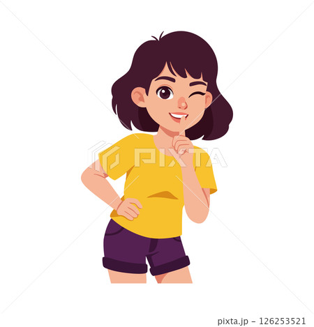 Girl Winking Wearing Yellow Shirt and Purple Shorts Playful Pose Vector Illustration Girl Winking Wearing Yellow Shirt and Purple Shorts Playful Pose Vector Illustration 126253521