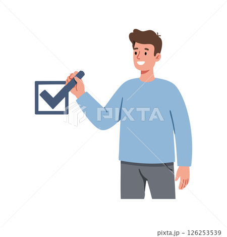 Young man marking checkbox with marker in casual clothes vector illustration 126253539