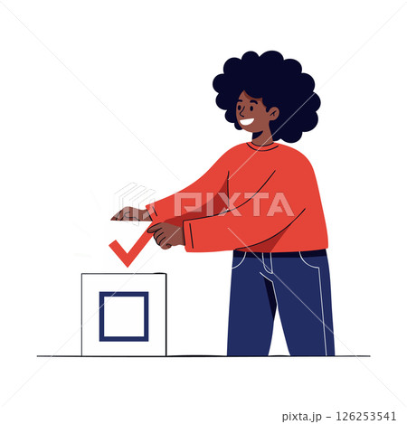 Woman casting vote in election with red sweater and blue jeans vector illustration Woman casting vote in election with red sweater and blue jeans vector illustration 126253541