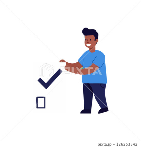 Man in blue shirt checking off checklist box with dark blue checkmark vector illustration Man in blue shirt checking off checklist box with dark blue checkmark vector illustration 126253542