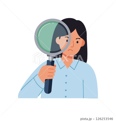 Woman holding magnifying glass inspecting face expression vector illustration Woman holding magnifying glass inspecting face expression vector illustration 126253546