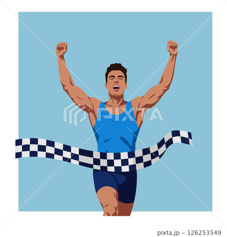 Male athlete crossing finish line winning race with raised arms in blue outfit vector illustration 126253549