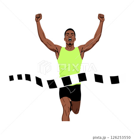 Male athlete crossing finish line in running race victory celebration vector illustration Male athlete crossing finish line in running race victory celebration vector illustration 126253550