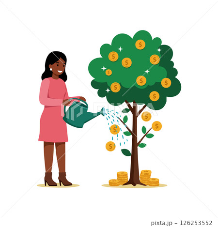 Woman watering money tree growing golden coins and dollar symbols financial growth illustration 126253552