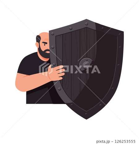 Bearded man holding large wooden medieval shield vector illustration protective defense concept Bearded man holding large wooden medieval shield vector illustration protective defense concept 126253555