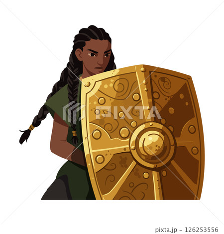Female warrior with golden ornamental shield in defensive stance vector illustration Female warrior with golden ornamental shield in defensive stance vector illustration 126253556