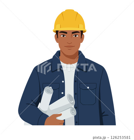 Construction worker holding blueprints wearing yellow hard hat and navy jacket vector illustration 126253581