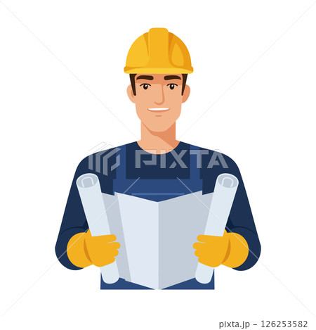Construction worker holding blueprints wearing yellow hard hat and gloves vector illustration Construction worker holding blueprints wearing yellow hard hat and gloves vector illustration 126253582