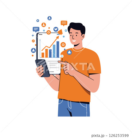 Man using smartphone with social media analytics and graph growth vector illustration Man using smartphone with social media analytics and graph growth vector illustration 126253599