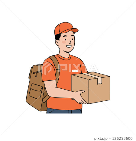 Delivery man holding cardboard box in orange uniform with backpack vector illustration 126253600