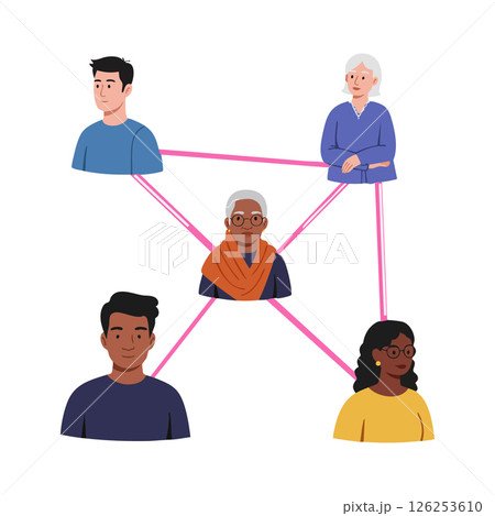 Diverse People Connected Through Social Network Illustration with Pink Lines and Different Genders and Ages 126253610