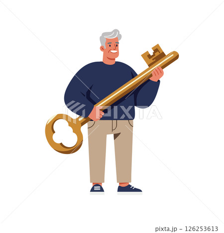 Older man holding large vintage key standing smiling in casual clothing vector illustration 126253613