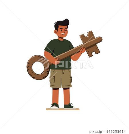 Boy Holding Large Wooden Key Illustration with Casual Clothes and Smiling Face 126253614