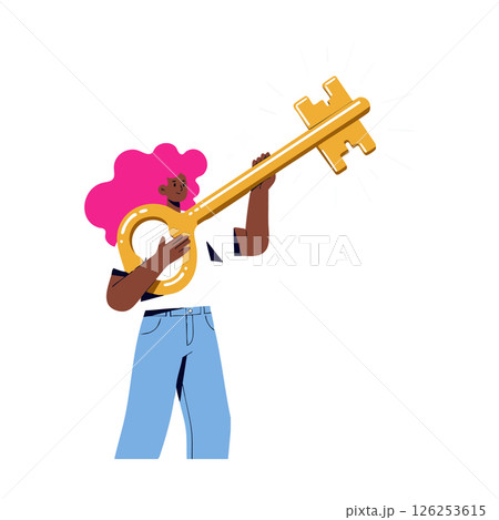 Woman holding large gold key symbolizing success and opportunity in abstract vector illustration Woman holding large gold key symbolizing success and opportunity in abstract vector illustration 126253615