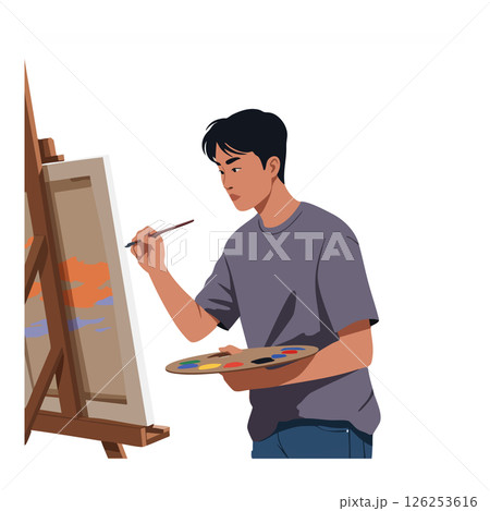 Young man painting on canvas with palette and brush creative art activity vector illustration 126253616