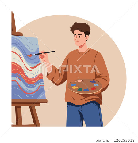 Young man painting abstract art with brush and palette in studio interior vector illustration 126253618