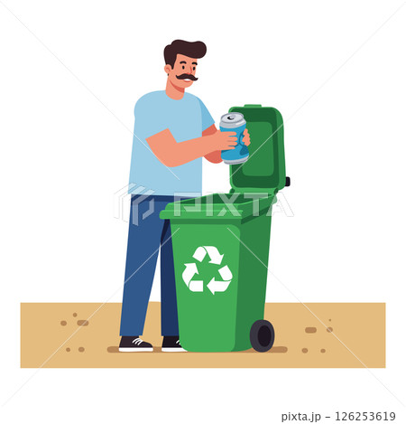 Man Recycling Aluminum Can into Green Bin Environmental Awareness Vector Illustration 126253619