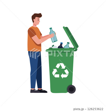 Man Recycling Plastic Bottles in Green Bin for Environmental Care and Waste Management Vector Illustration 126253622