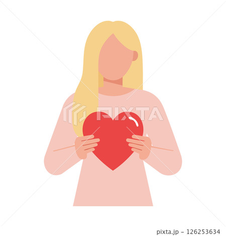 Woman holding red heart symbol of love and care in simple flat design vector illustration Woman holding red heart symbol of love and care in simple flat design vector illustration 126253634