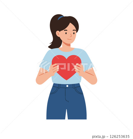 Young woman holding red heart symbol of love and care vector illustration Young woman holding red heart symbol of love and care vector illustration 126253635