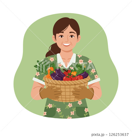 Woman holding basket of fresh vegetables in floral dress gardening gloves vector illustration Woman holding basket of fresh vegetables in floral dress gardening gloves vector illustration 126253637