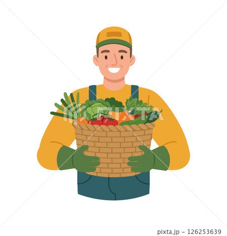 Farmer holding basket full of fresh vegetables organic produce healthy lifestyle vector illustration 126253639