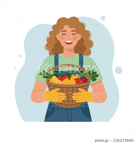 Young woman holding basket full of fresh vegetables and greens gardening concept vector illustration Young woman holding basket full of fresh vegetables and greens gardening concept vector illustration 126253640