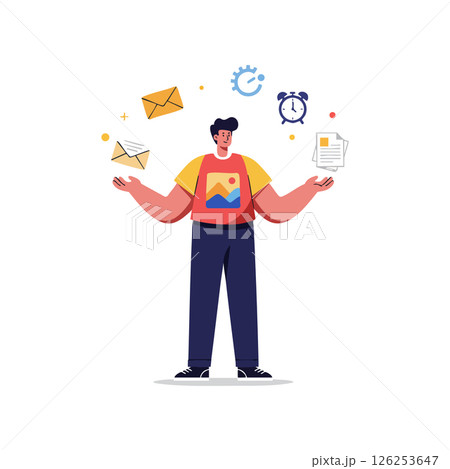 Man multitasking with emails clock and documents vector illustration in casual outfit Man multitasking with emails clock and documents vector illustration in casual outfit 126253647