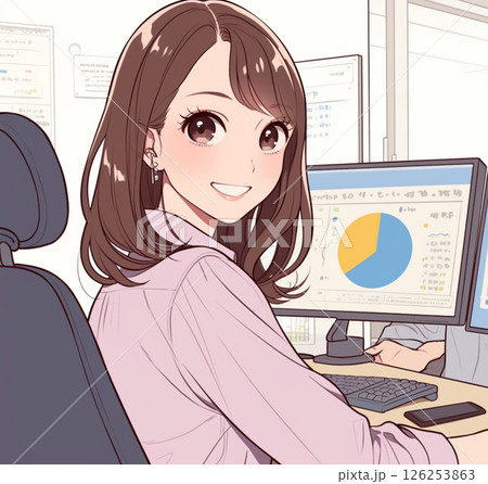 企業の業績資料を作成中のビジネスウーマン_イラスト1 126253863