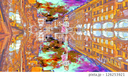 鏡面反射の異次元世界「写真を水彩風に作った街並み」 126253921