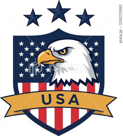 Eagle head with stars shield and usa flag banner patriotic emblem vector design 126253993