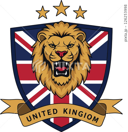 Lion Head Emblem with United Kingdom Flag Shield and Gold Stars Vector Design Lion Head Emblem with United Kingdom Flag Shield and Gold Stars Vector Design 126253998