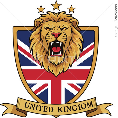 Lion head emblem with United Kingdom flag shield and three stars vector illustration 126253999