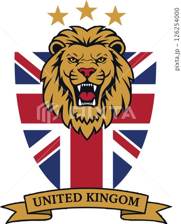 Lion head emblem with united kingdom flag shield and three stars vector design 126254000