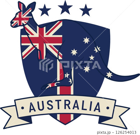 Kangaroo silhouette with Australian flag shield emblem and Australia banner vector design 126254013